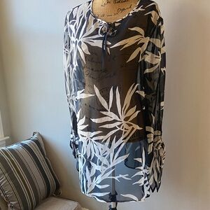 Sully Bonnelly Silk Sheer Black and White Tropical Print Blouse/Tunic Sz 20W